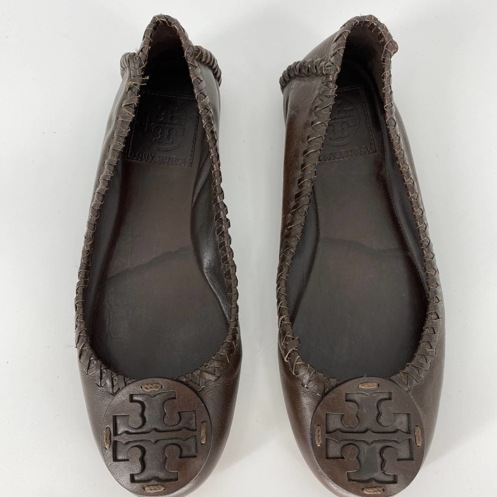 TORY BURCH Brown Leather Subdued Logo Ballet Flats